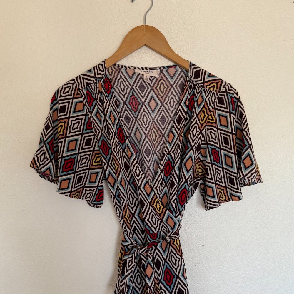 Porridge Clothing Diamond Print Flutter Sleeve Wrap Dress Small